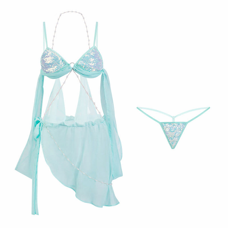 Cosplay Mermaid Sequins Bra Mesh See-through Skirt Lingerie