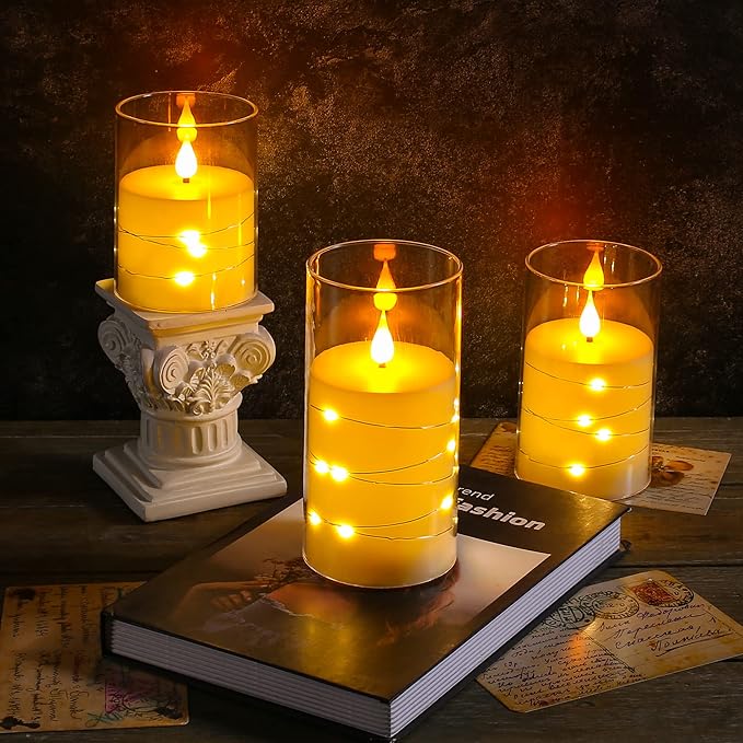 🕯️🕯️LED Candles With Embedded String Lights - (3-Piece Flameless Set)