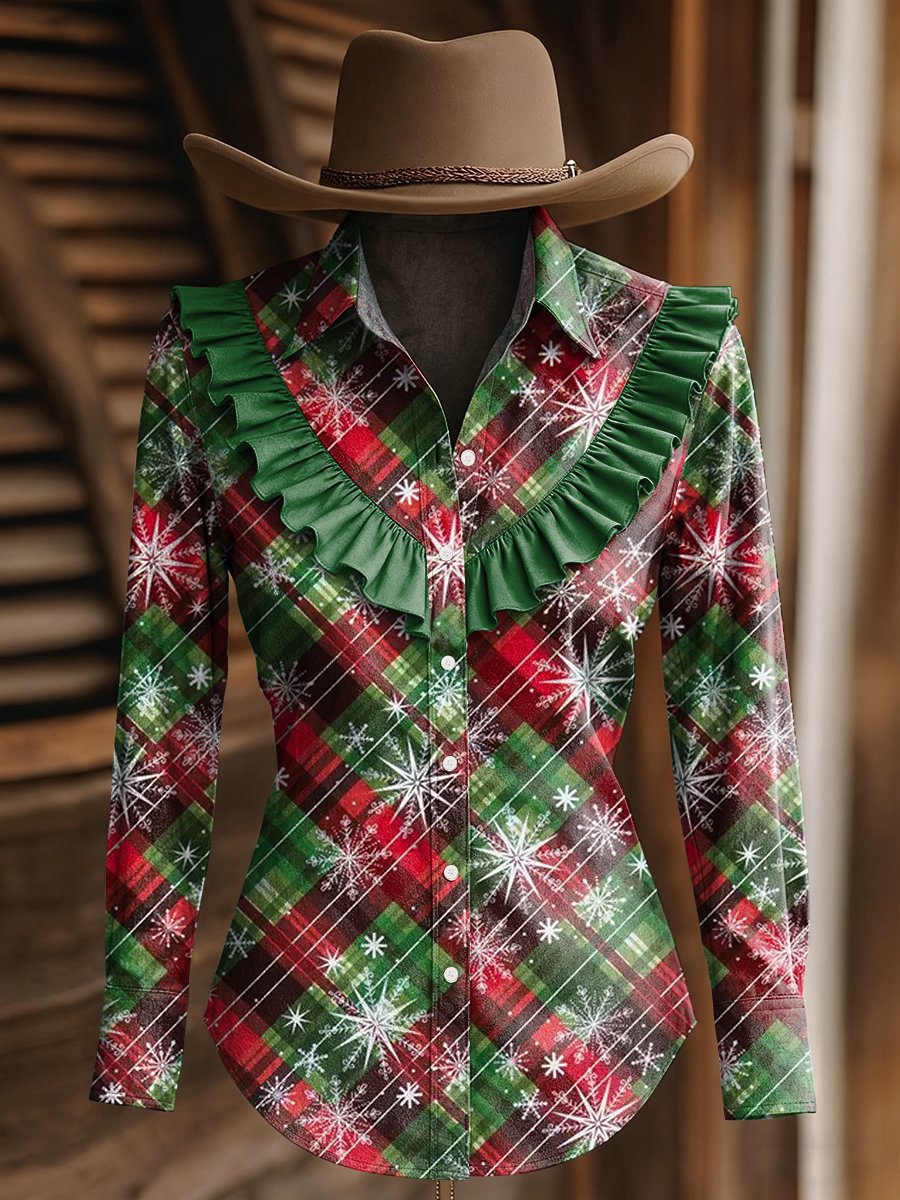 Women's Vintage Plaid Print Western Ruffle Long Sleeve Shirt