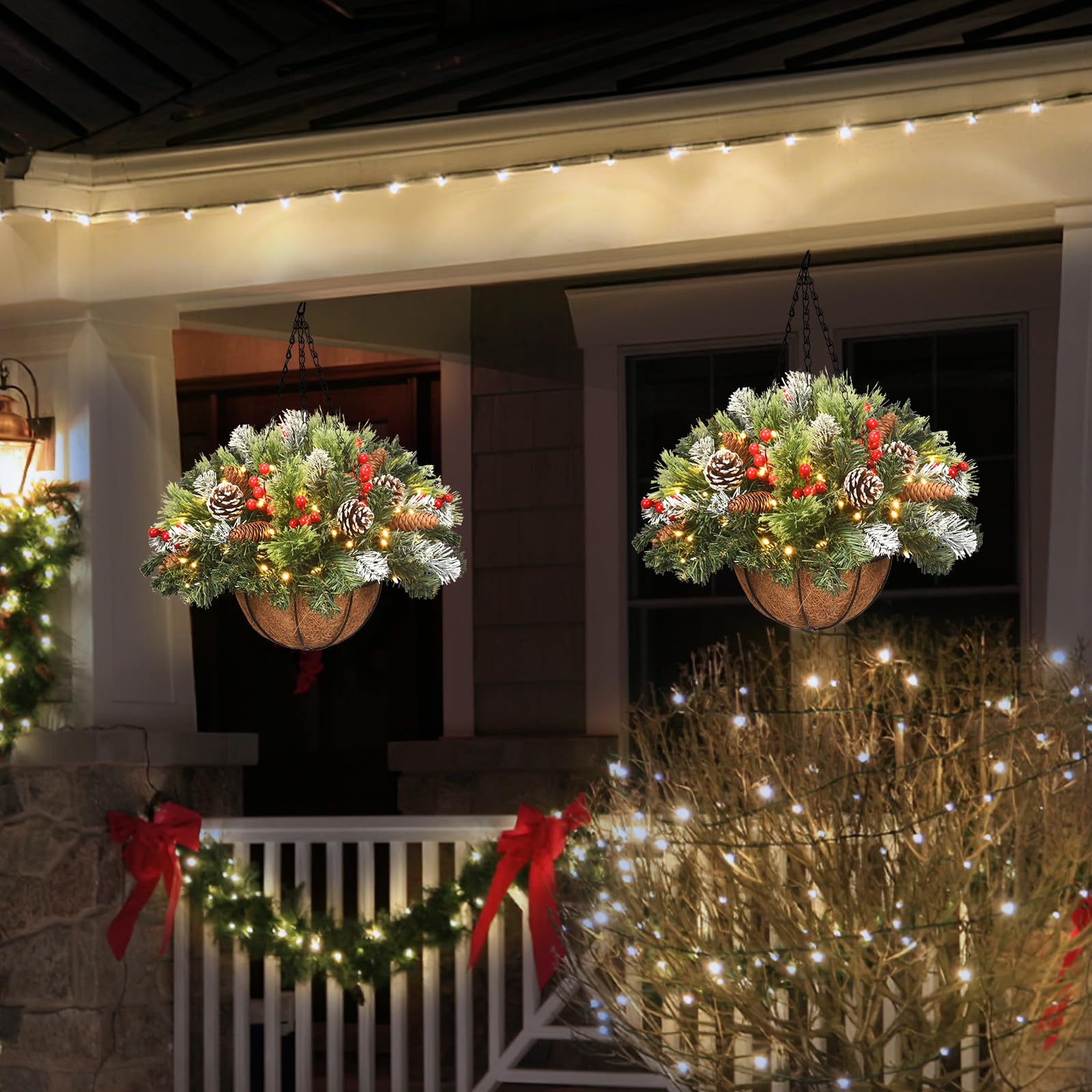 🔥Last Day 50% OFF🔥Pre-lit Artificial Christmas Hanging Basket - Flocked with Mixed Decorations and White LED Lights - Frosted Berry