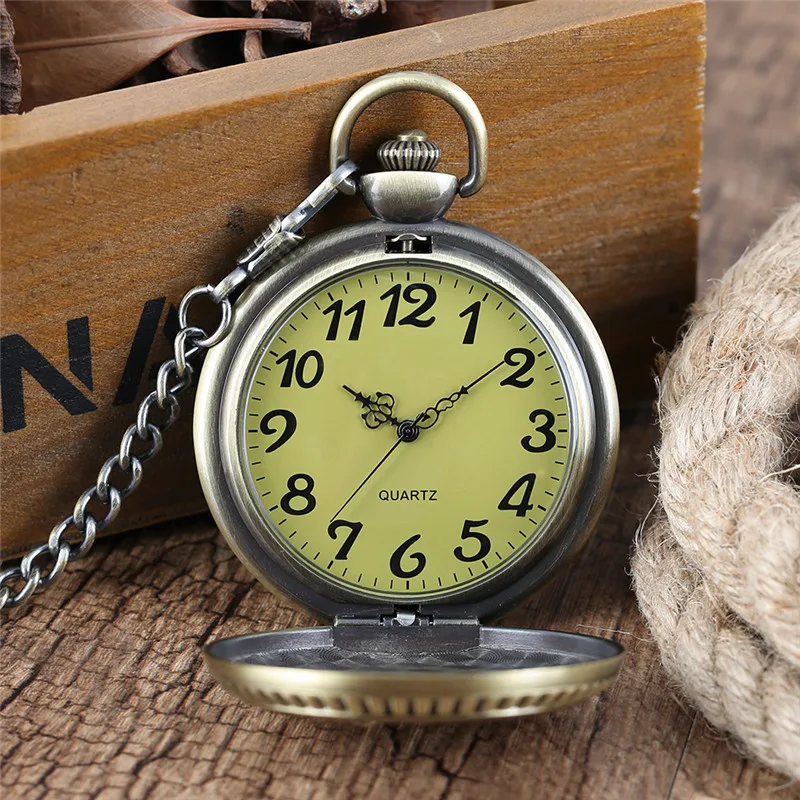Antique Large Size Clock Locomotive Railway Train Pattern Unisex Quartz Analog Pocket Watch Pendant Chain Roman Number Timepiece
