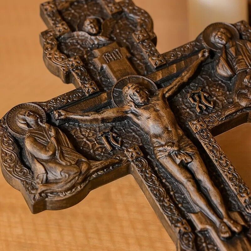 Wooden Orthodox religious Carved Crucifix - Carved from natural wood