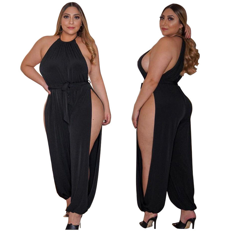 Plus Size Women Clothes Slit Wide Leg Lace-up Sleeveless Nightclub Sexy Jumpsuit