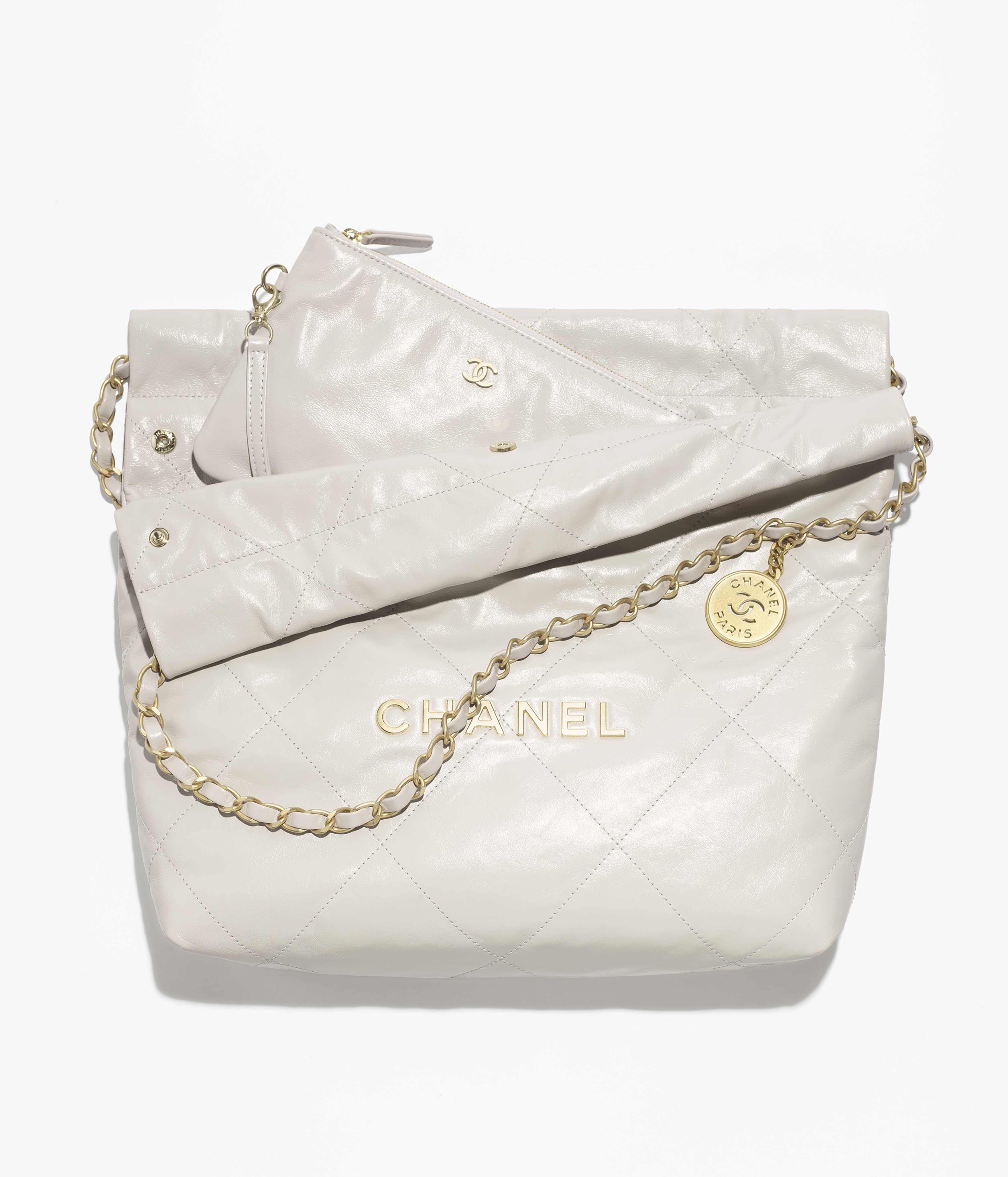 CHANEL 22 Small Handbag Shiny Calfskin & Gold-Tone Metal Light Gray AS3260-B19059-NAAUH