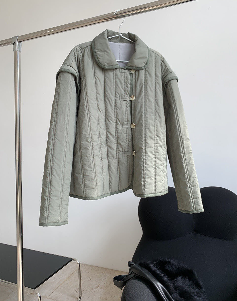 Winter Collared Cotton Padded Coat with Loop Buckle Loose Warm Comfortable Coat Women Thick