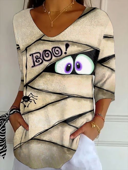 🔥Buy 3 Get 10% Off🔥Women'S Retro Halloween Peek Monster Print Mid Sleeve T-Shirt