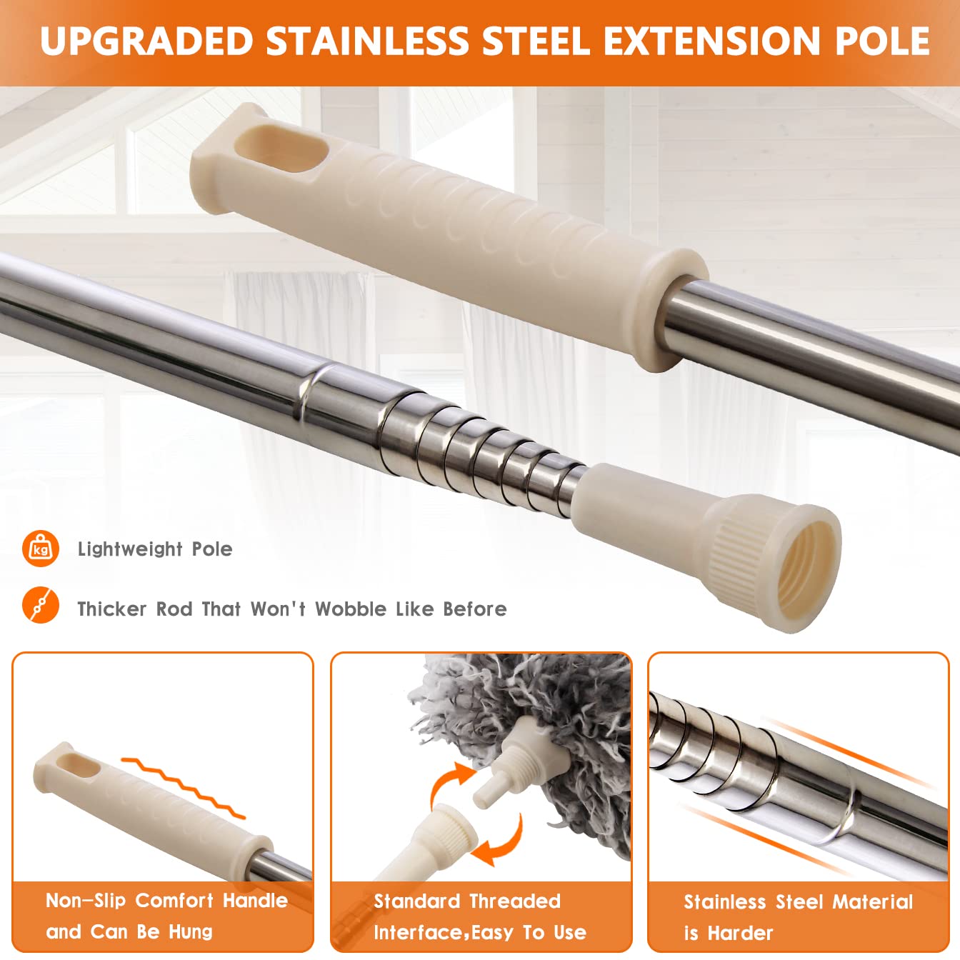 🔥Last Day 50% OFF🔥Bendable Head Microfiber Duster with Extension Pole(Stainless Steel) 30 to 100''
