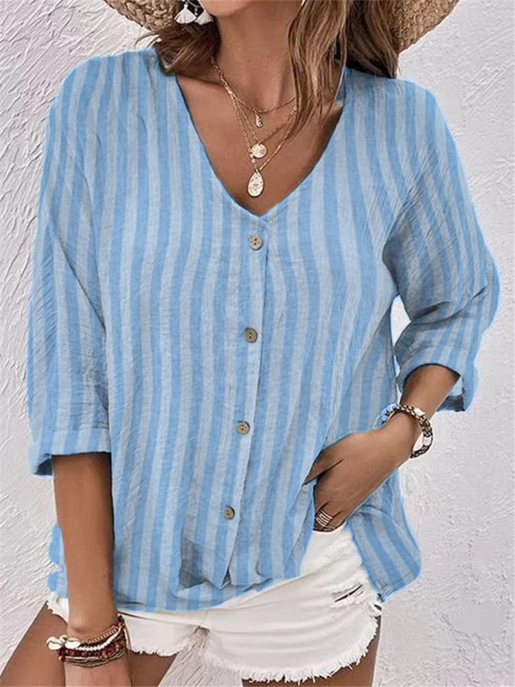 Women's casual cotton and linen striped long-sleeved shirt