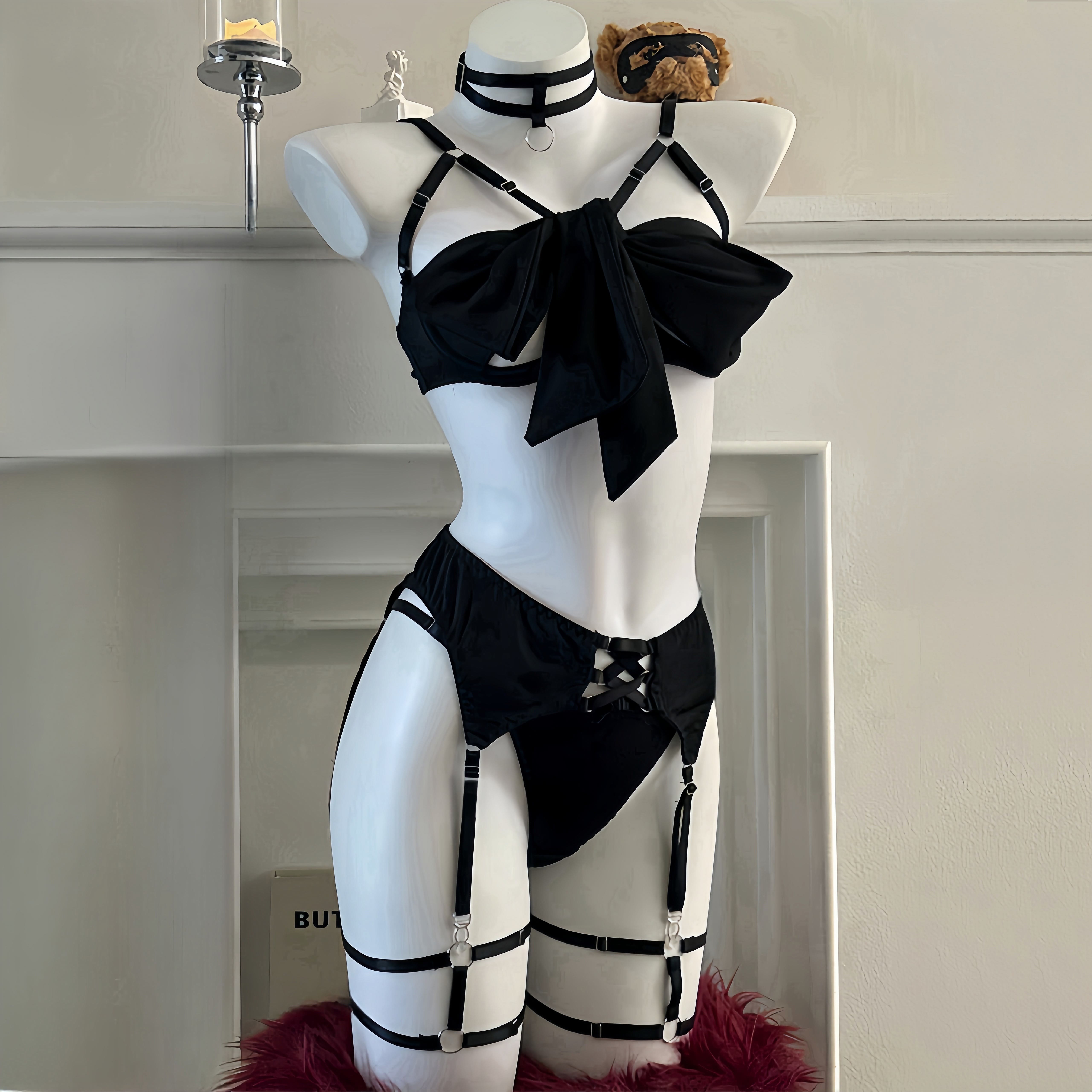 Hollow Out See-through Backless Bow Lingerie Set