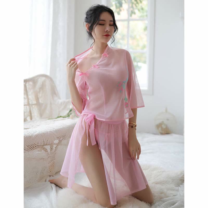 Vintage Floral Embroidery Transparent Mesh Hanfu Lingerie Set