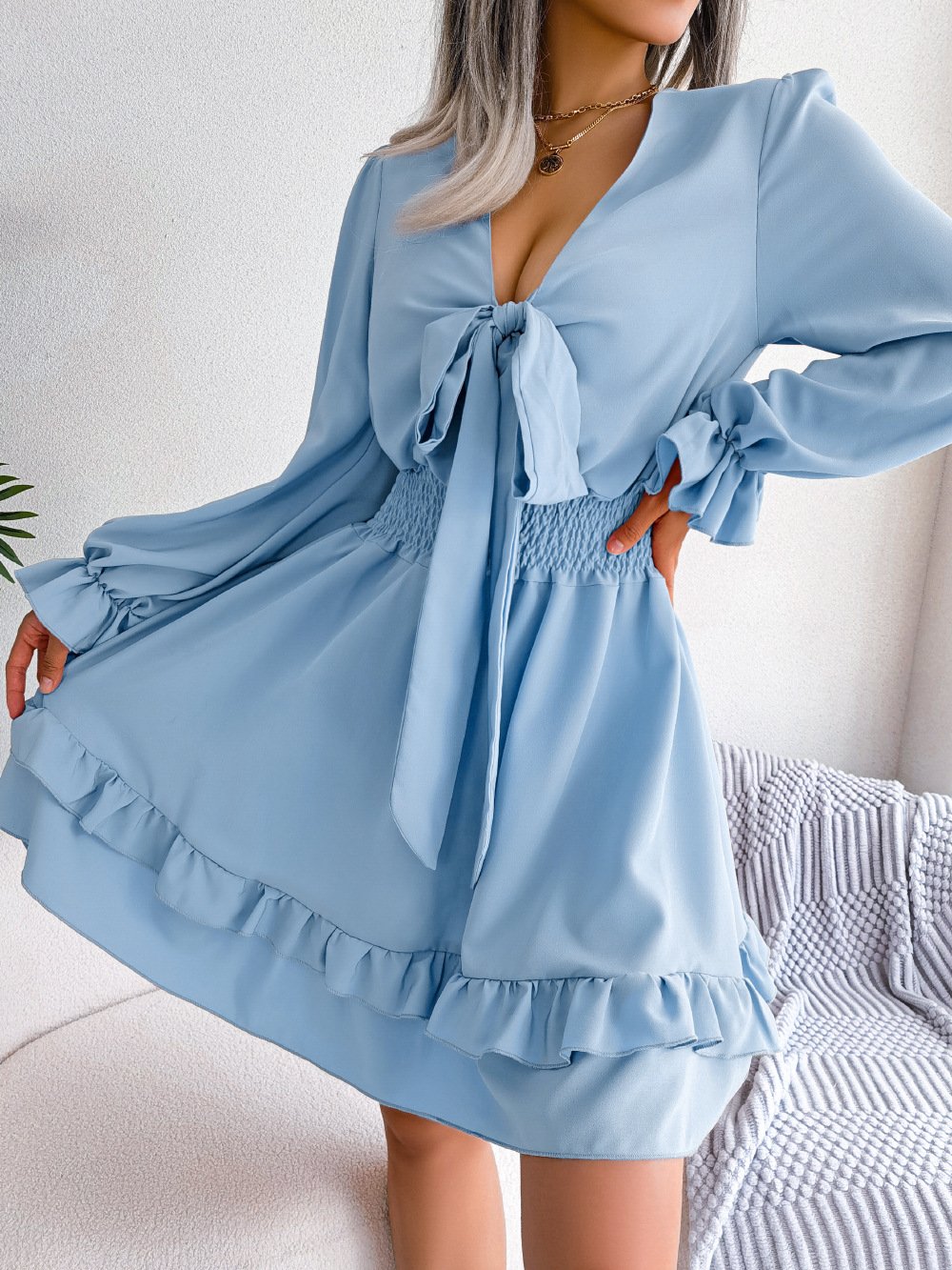 Avamo Ladies Short Dress V Neck Mini Dresses Lace Up Holiday Loose Sexy Long Sleeve