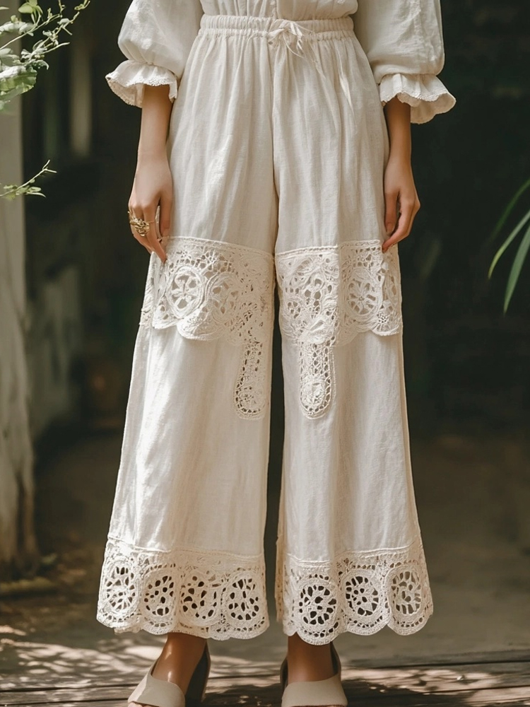 Vintage Hollow Floral Lace Patchwork Comfy Linen Pants