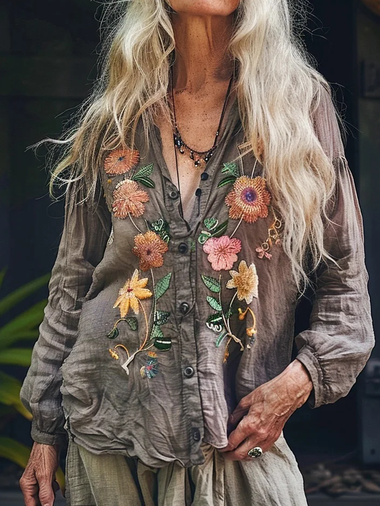 Bohemian Style Linen Floral Art Print Long Sleeve Loose  Shirt
