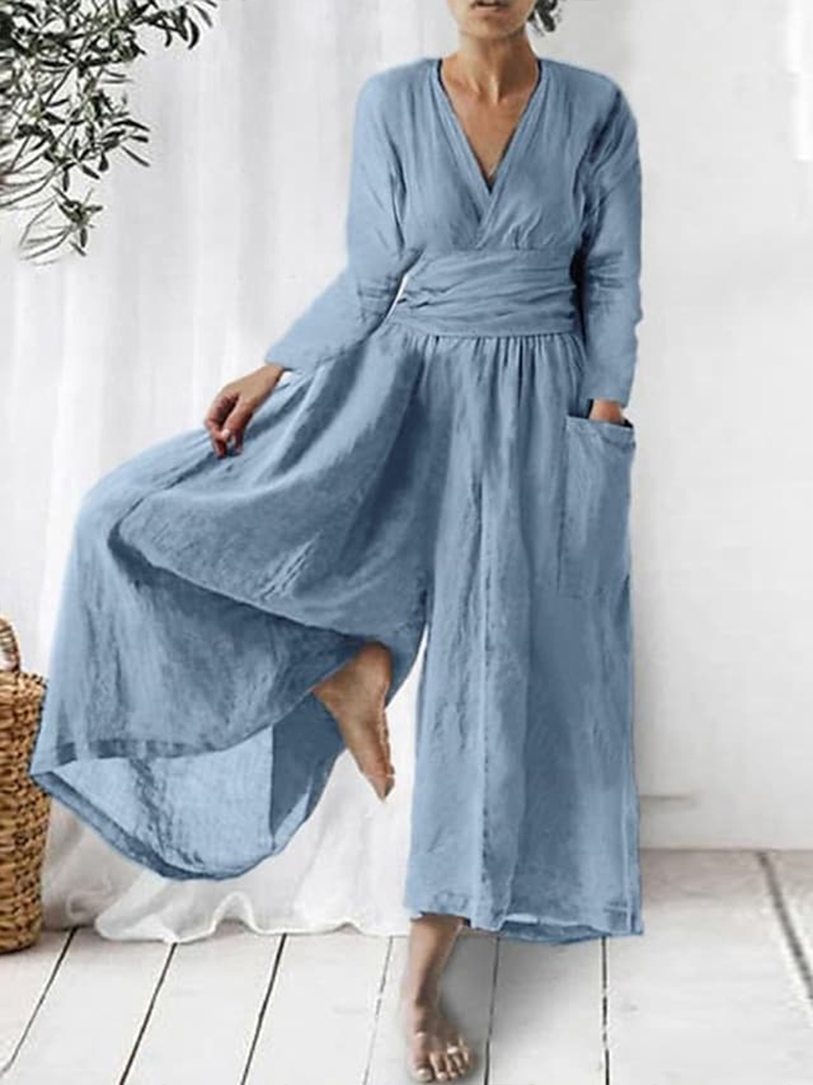 Elegant V Neck Wide Leg Flowy Jumpsuit