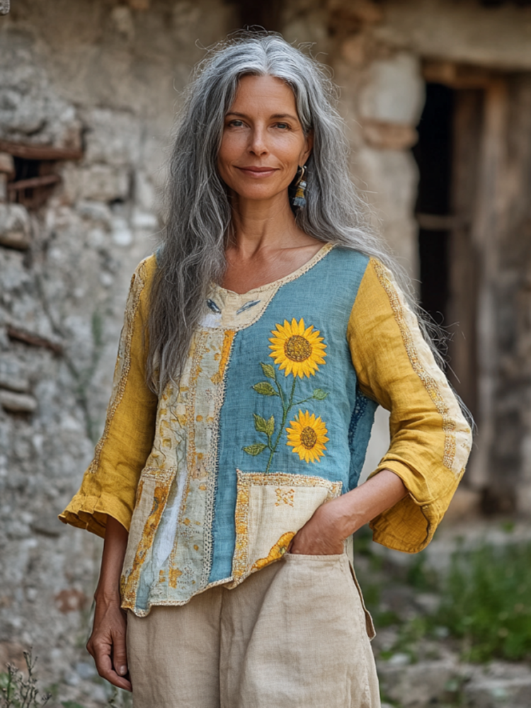 Retro Bohemian Art Patchwork Ukraine Sunflower Print Cotton And Linen Blend Loose Blouse