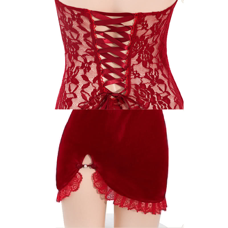 Vintage Cheongsam Lace See-through Lingerie Dress