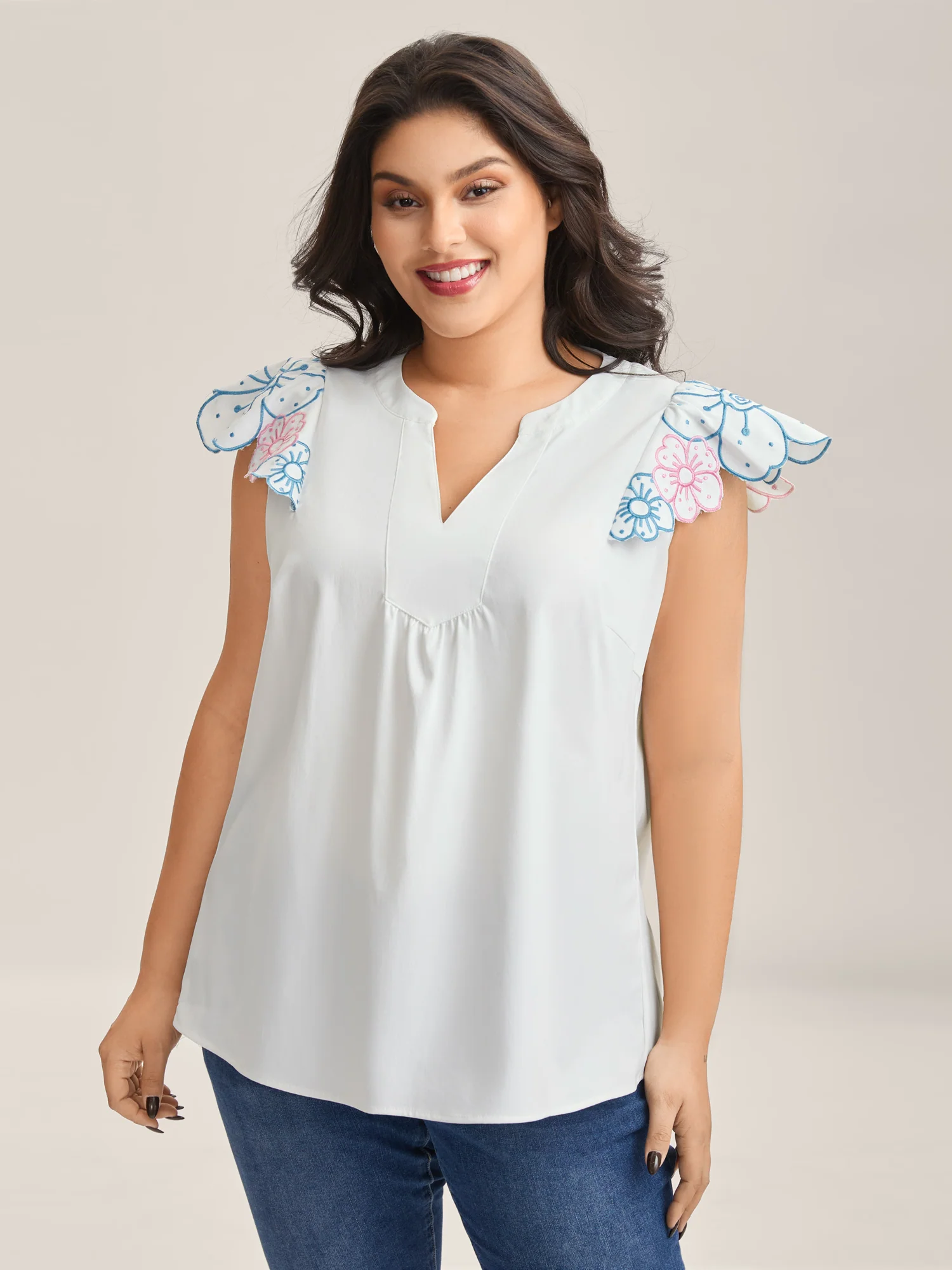 Floral Lotus Leaf Sleeve Split Neck Blouse