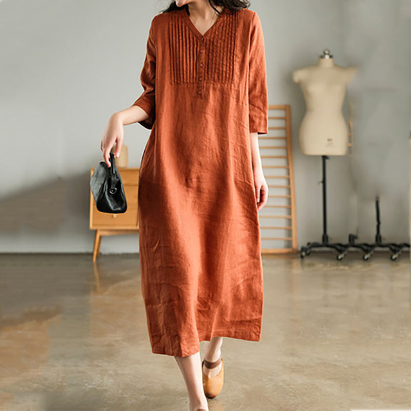 Literary Half Sleeve Fashion V Neck Mid-Length Dress