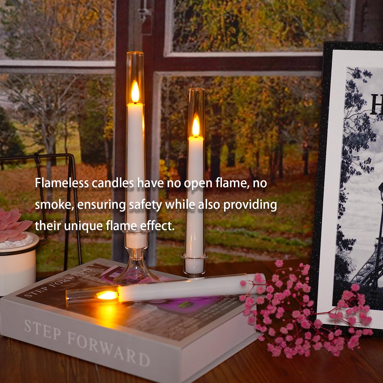 6 PCS Upgraded Flameless Taper Candles with Remote, Acrylic Battery Operated Candles with CandleSticks