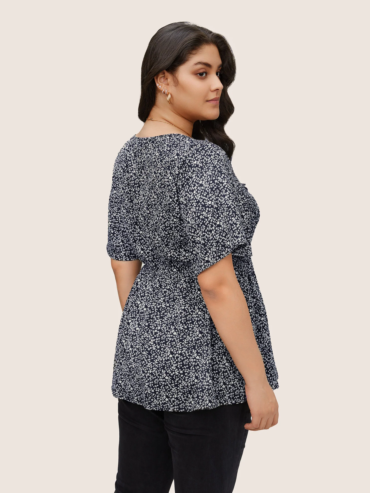 Ditsy Floral Shirred Ruffle Sleeve Elastic Waist Blouse