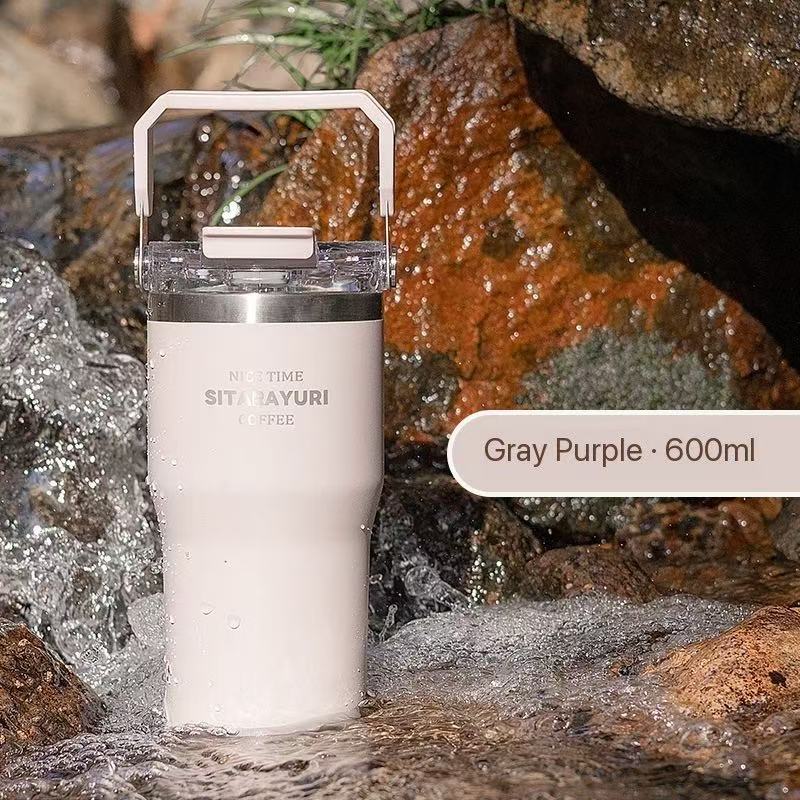 Portable stainless steel thermos flask, stylish design, convenient dual-drink straw water bottle, car water cup