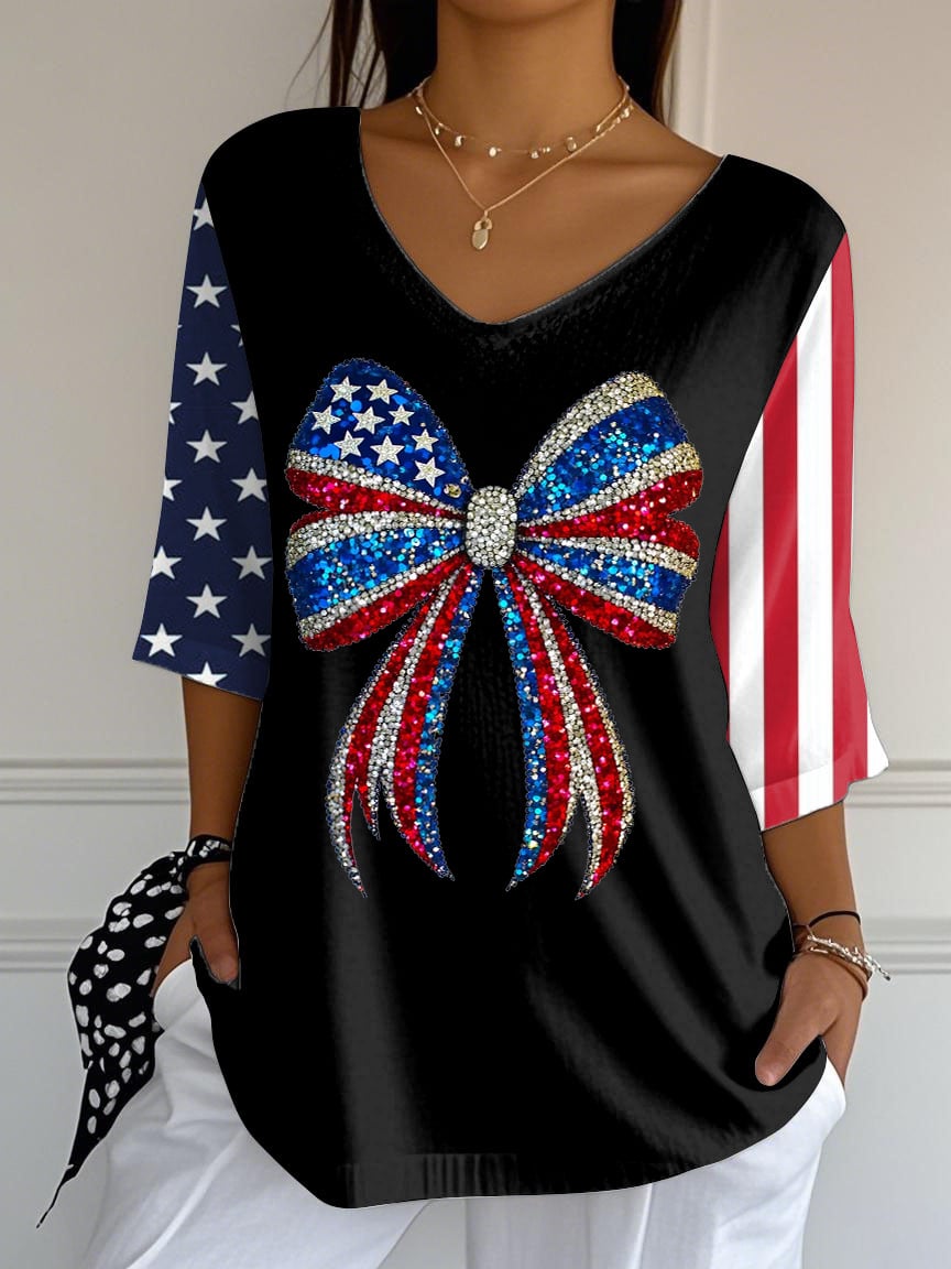 Women's Summer Independence Day Imitation Rhinestone Bowknot Long T-Shirt