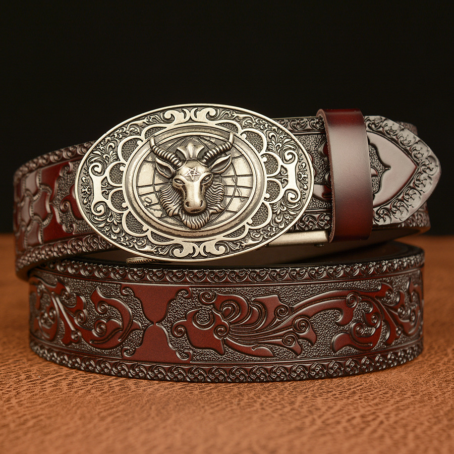 Antique Goat Waist Buckle Cowboy Leather 3D Manual Engraved Belt
