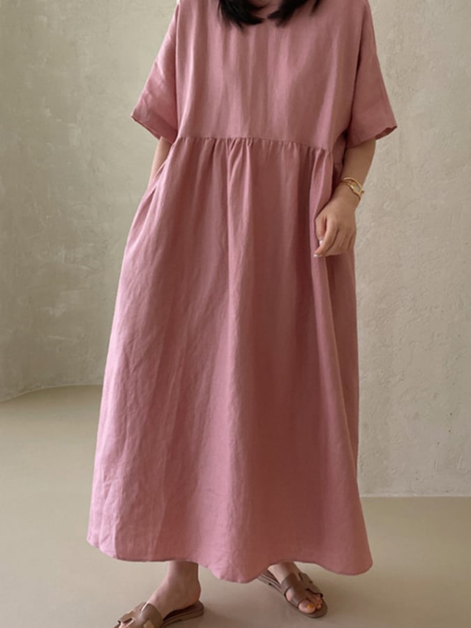 Women's Solid Color Buttoned Design Loose Cotton And Linen Casual Dress