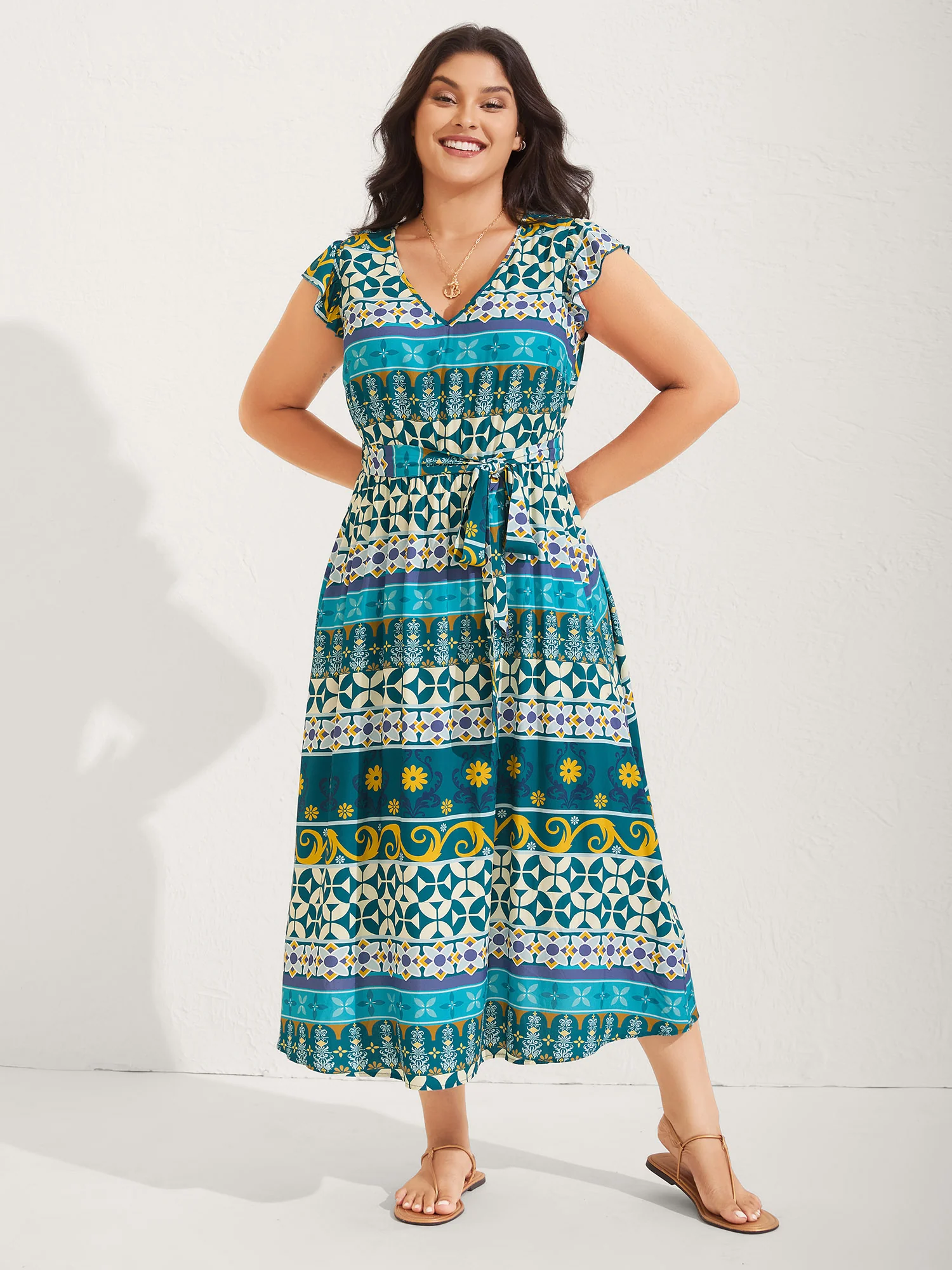Rayon Boho Stretchy Waist Pockets Midi Dress