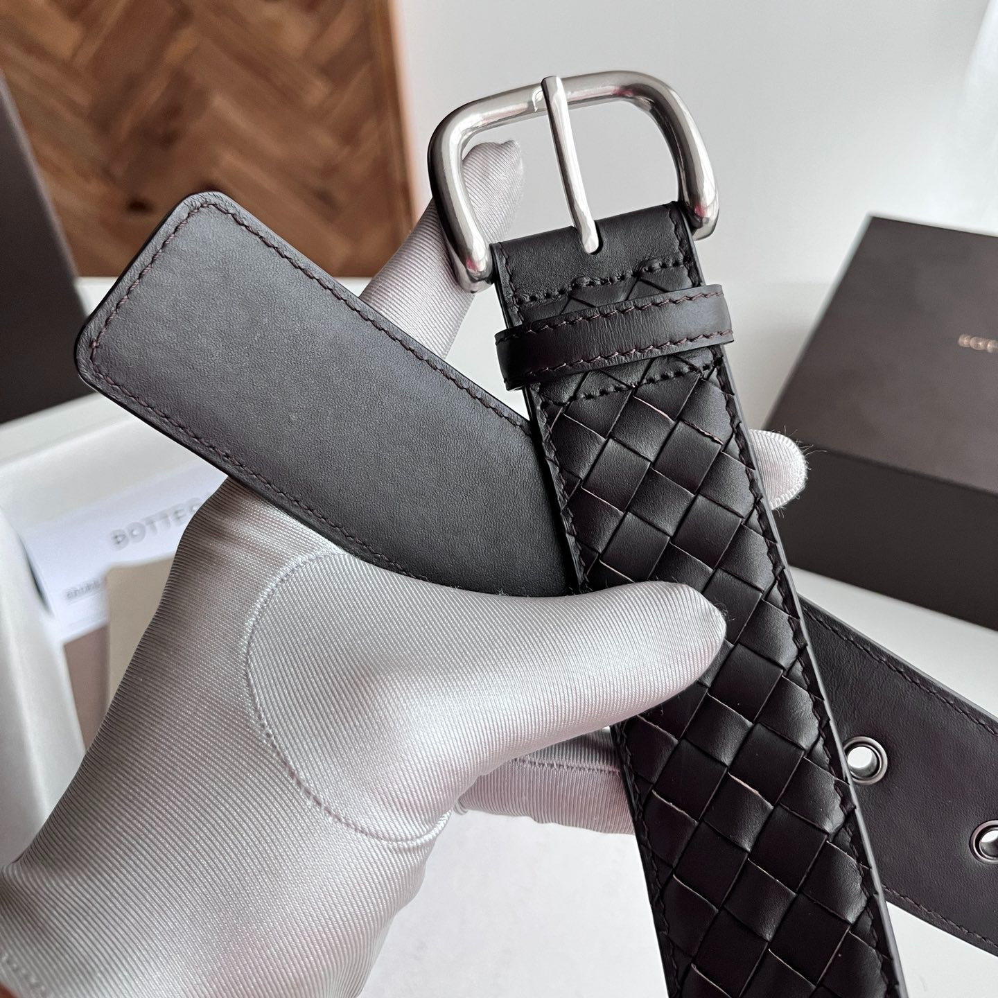 Bottega Veneta intreccio woven cowhide double-sided belt width 4.0cm