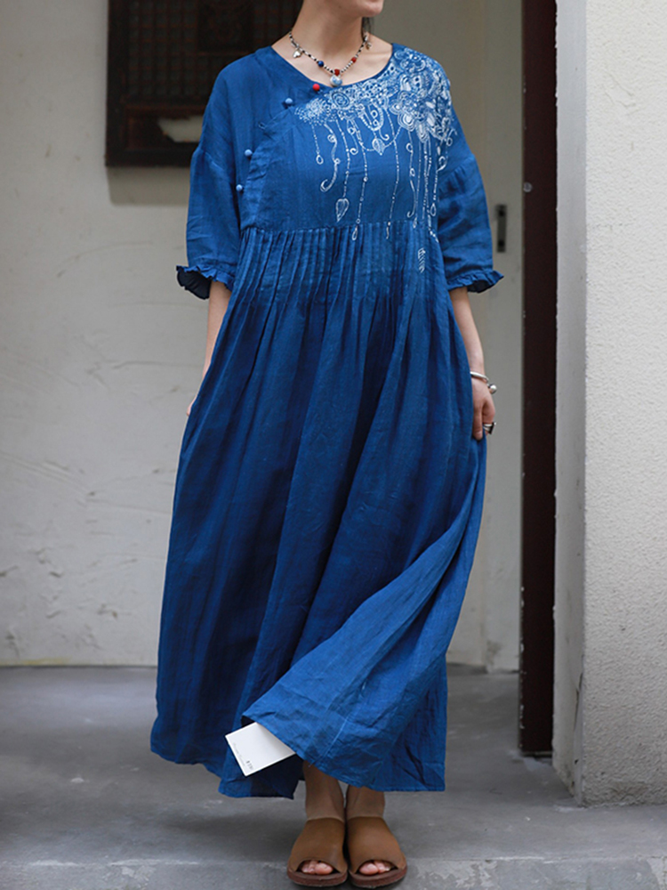 Vintage Pleat Comfy Casual Maxi Dress