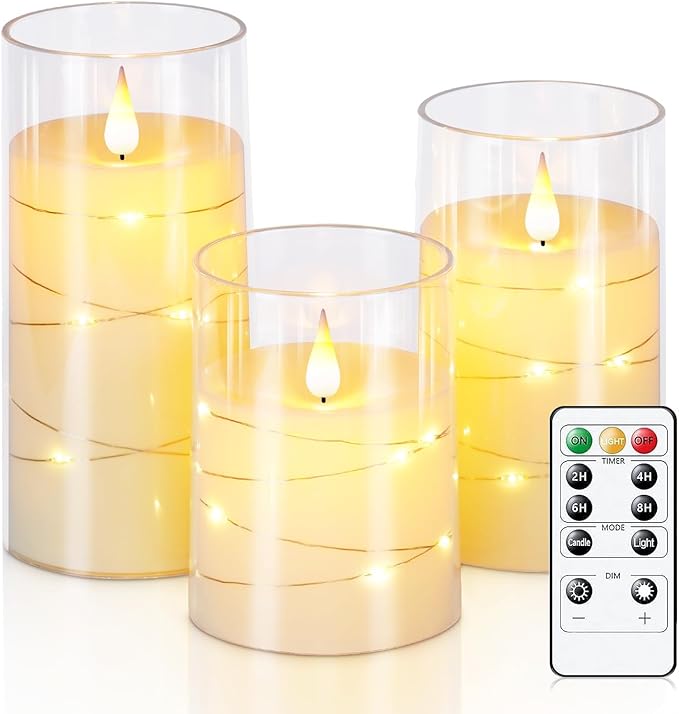 🕯️🕯️LED Candles With Embedded String Lights - (3-Piece Flameless Set)