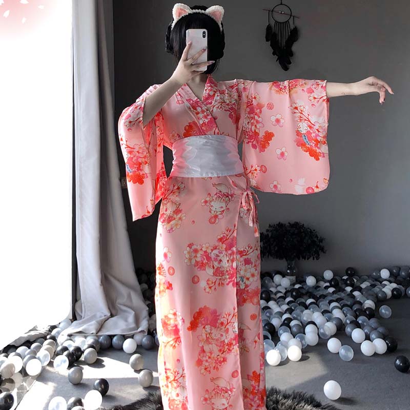 Sakura Cat Print Japanese Kimono Lingerie Dress