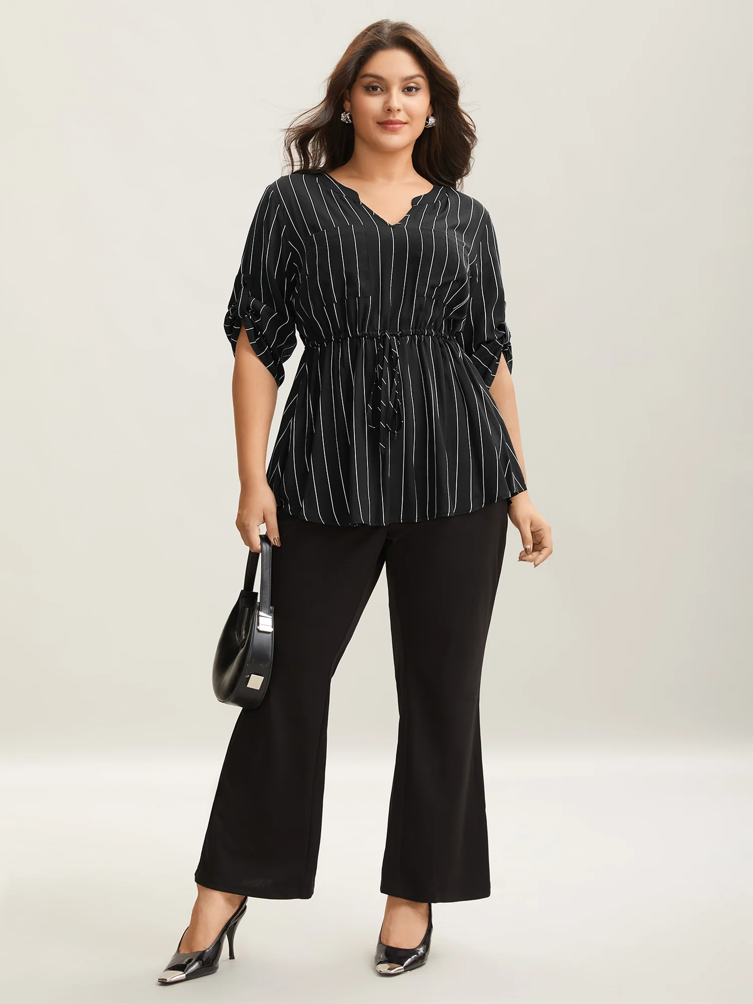 Striped Waist-Tie Pockets Blouse