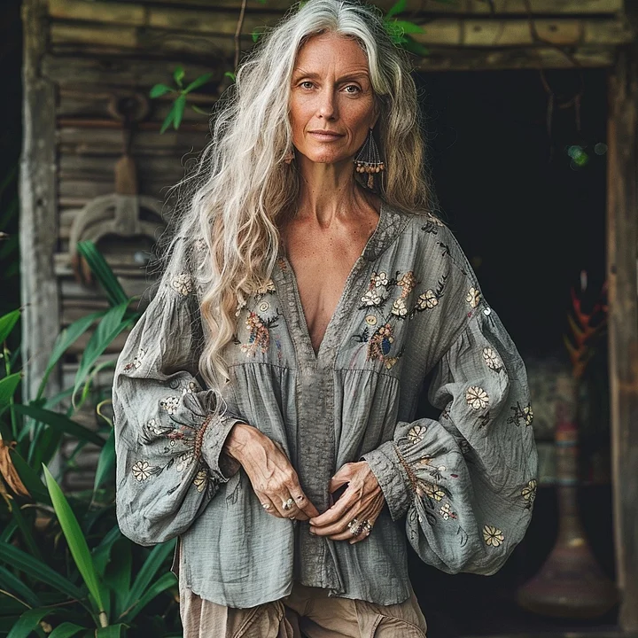 Bohemian Style Linen Floral Art Print Long Sleeve V-neck Shirt