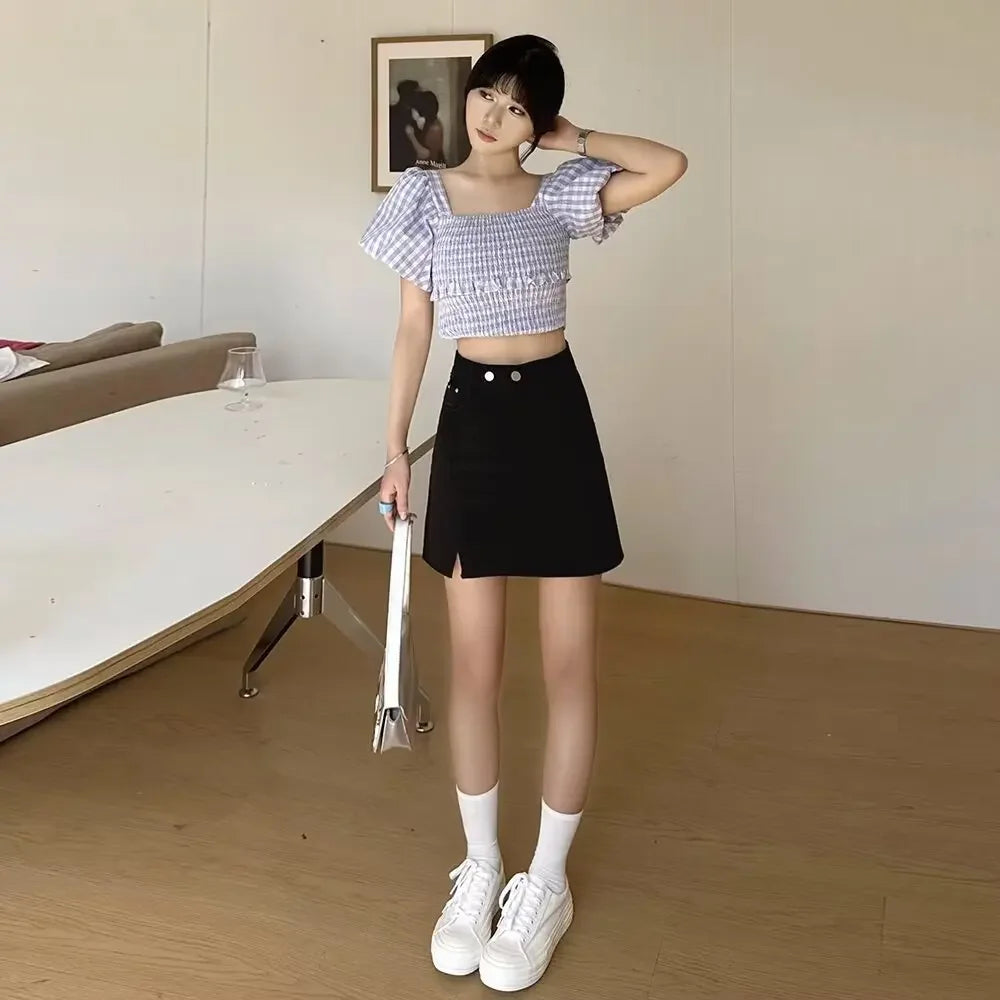 Double Button Denim Mini Skirt