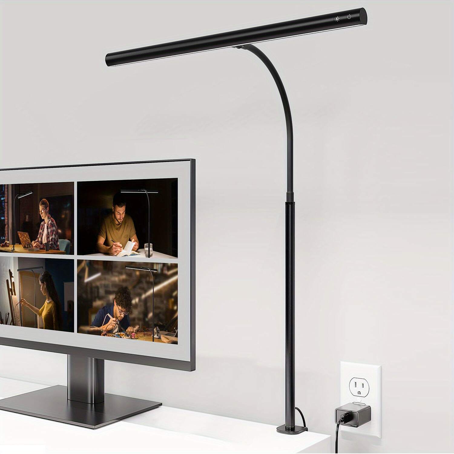 Desk Lamp for Home Office, Eye-Caring Desk Light with Adjustable Gooseneck, 12W Touch Control Dimmable Brightness, Architect Clamp Lamp for Computer Monitor
