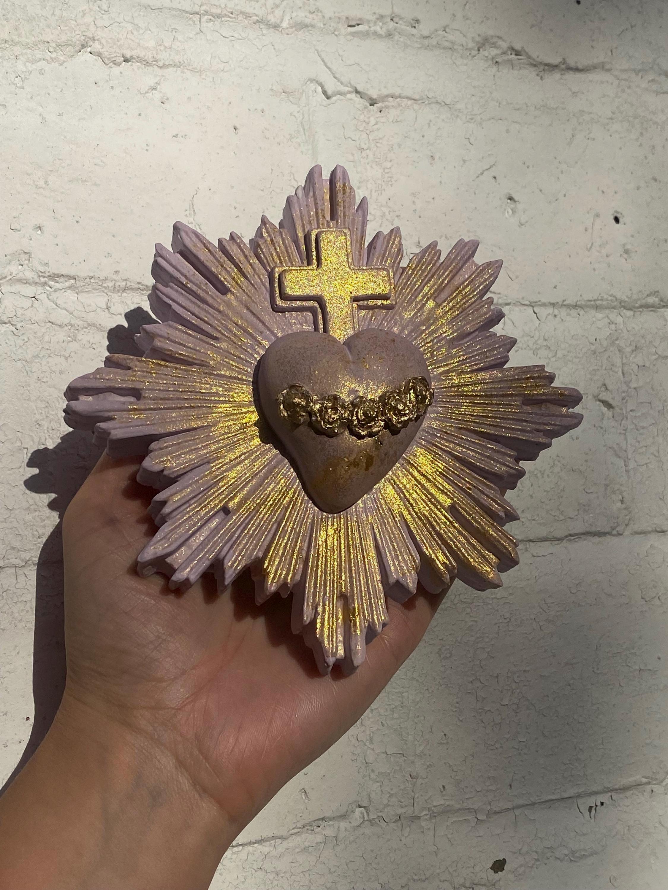 Sacred Heart Wall Decor, Milagro Heart, Flaming Heart & Cross, Handmade.