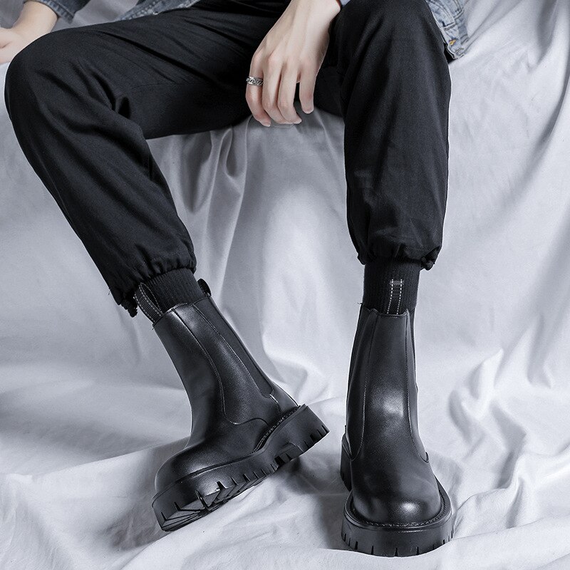 Male Thick Bottom Motorcycle Boots Spring Mens Chunky Casual Shoes