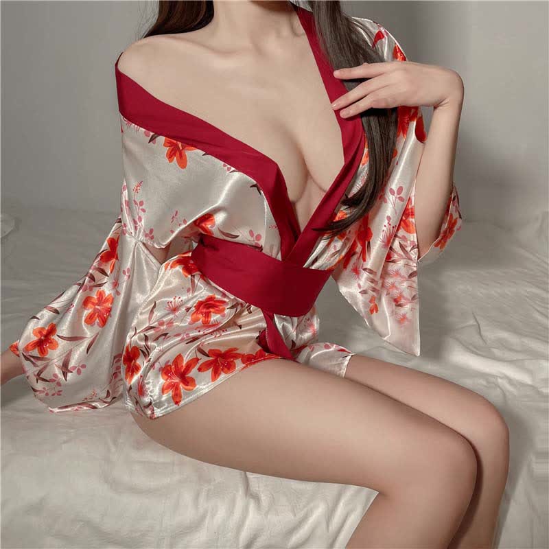 Floral Print Deep V-neck Lace Up Kimono Lingerie Dress