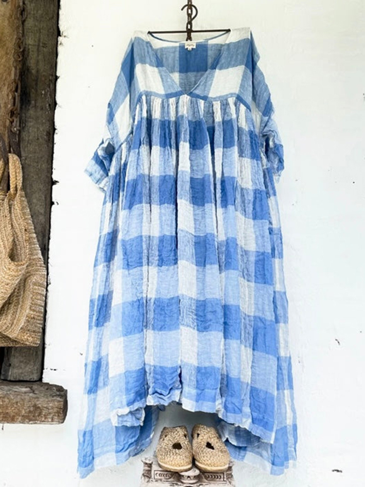Plaid Patchwork Comfortable And Loose V-Neck Large Swing Maxi Dress