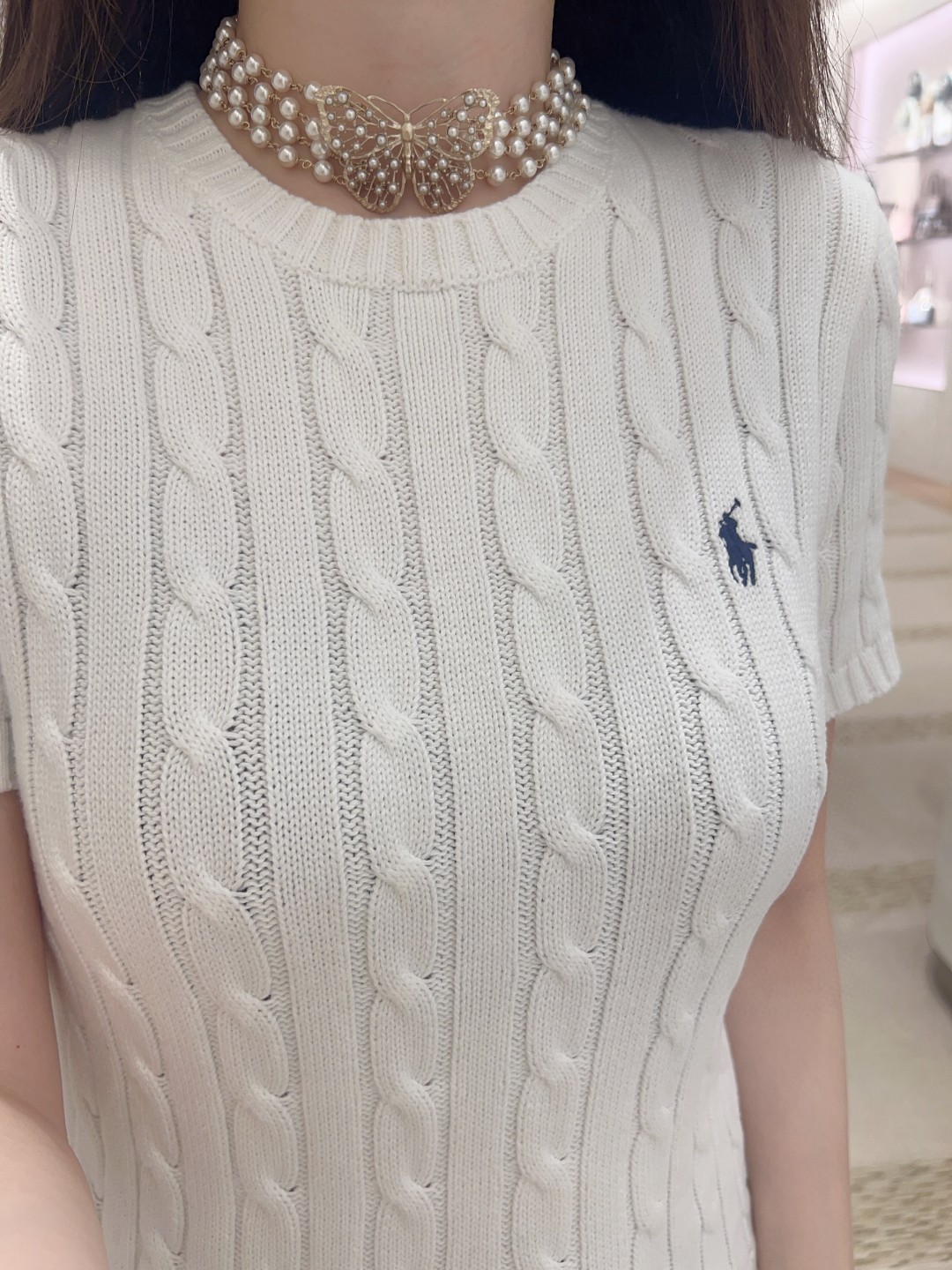 Dior 3-layer pearl hollow butterfly pearl necklace