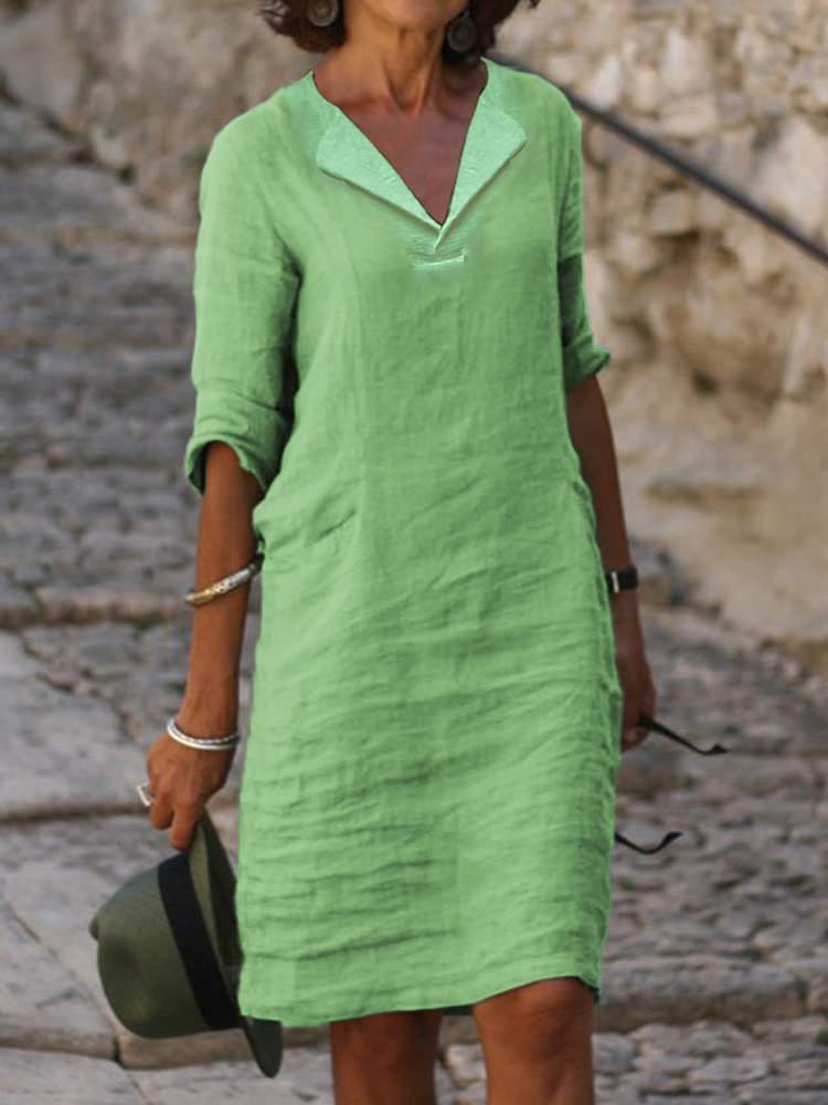 Lapel V Neck Linen Cotton Midi Dress
