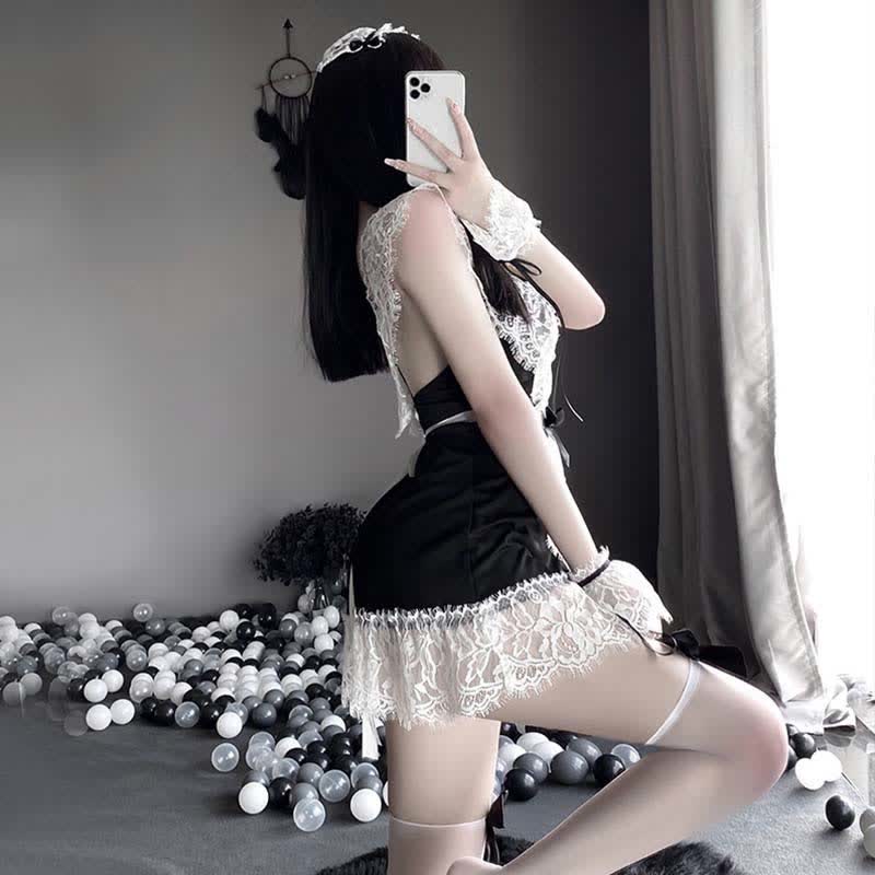 Cosplay Maid Deep V-neck Lace Lingerie Dress