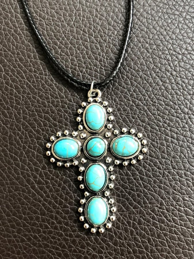 European And American Vintage Turquoise Cross Necklace