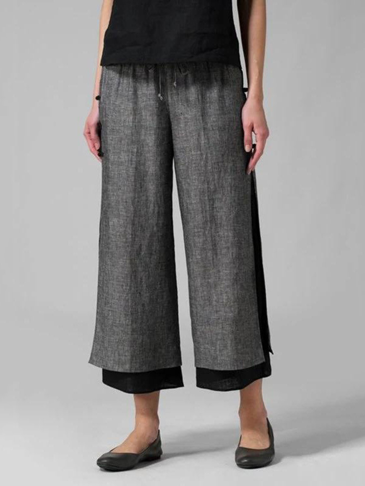 Casual Color Block Buckle Slit Loose Cropped Pants