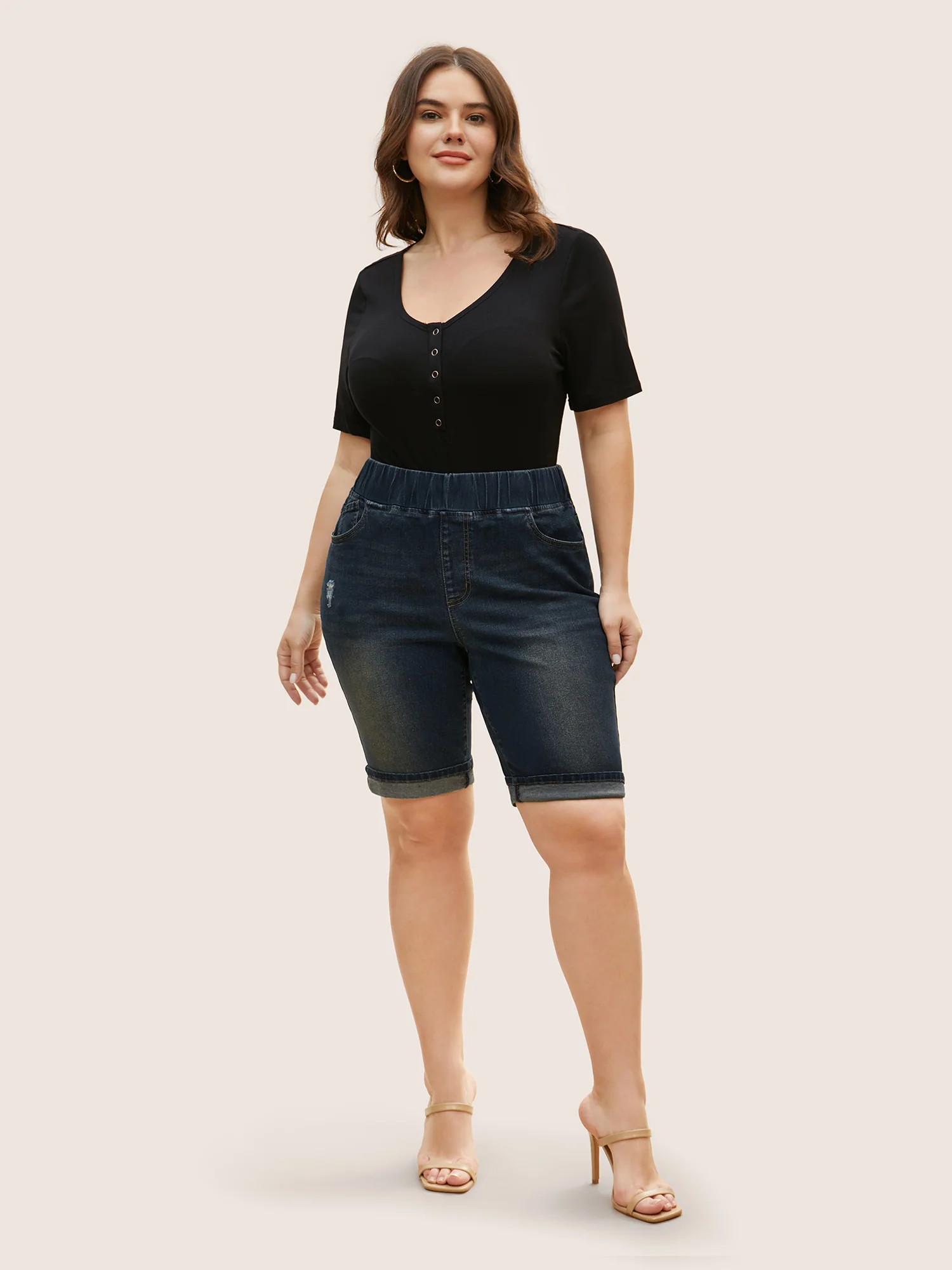 Dark Wash Distressed Roll Hem Denim Shorts