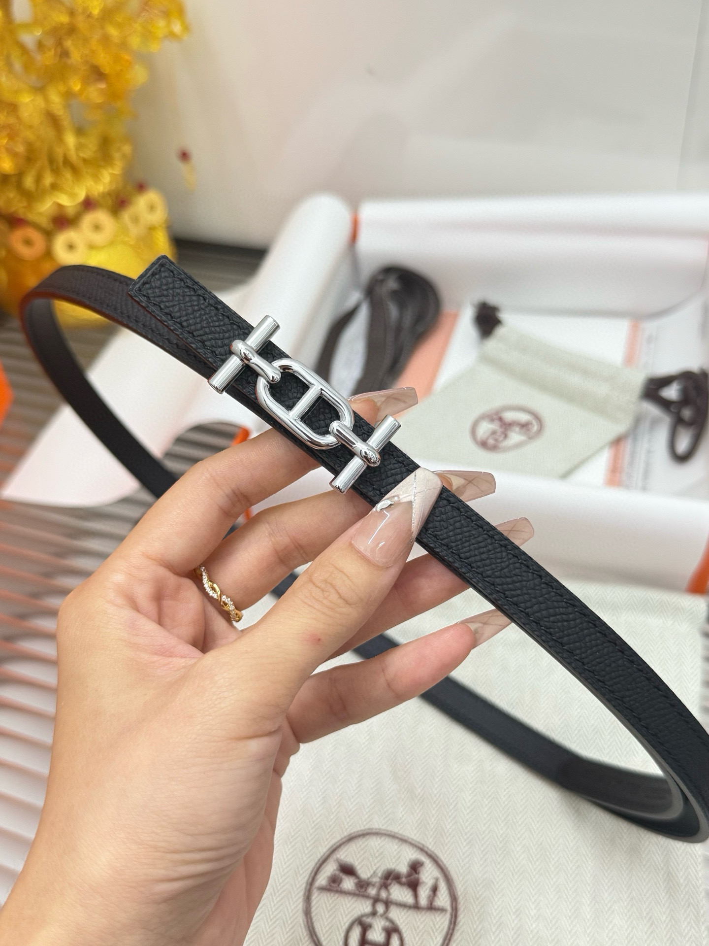 Hermès Mens belt double-sided calfskin women's belt width 1.3CM
