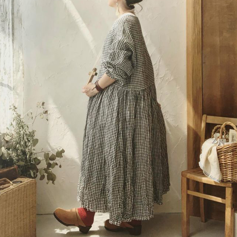 Vintage Checkered Long Sleeve Cotton Linen Midi Dresses