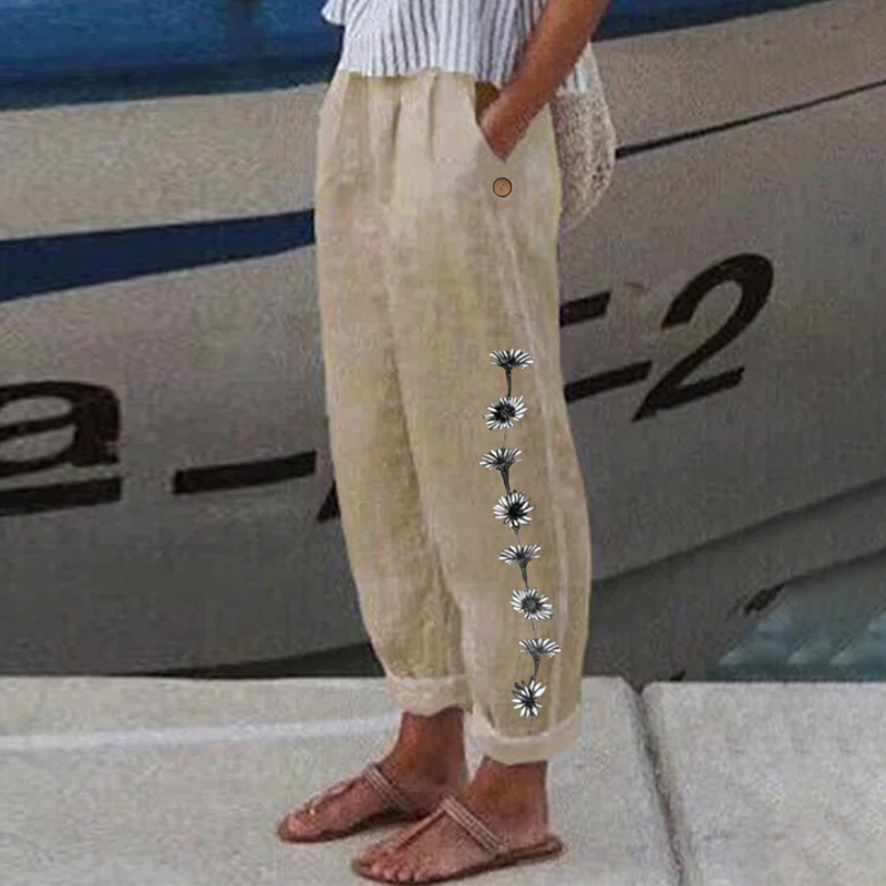 Cotton Linen Pocket Loose Printed Casual Pants